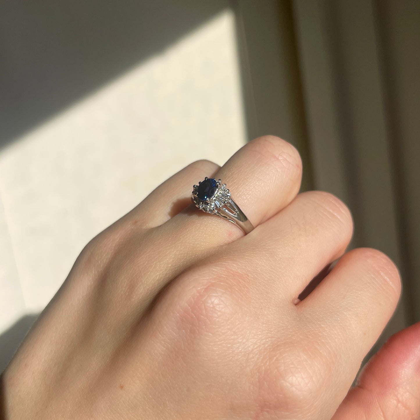 Estate Platinum Oval .85 CT Blue Sapphire + Diamond Halo Ballerina Ring