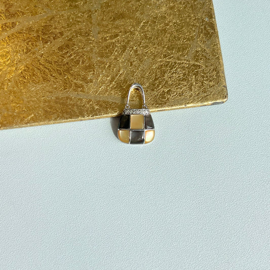 Estate 14KT White Gold Diamond, Mother of Pearl + Abalone Handbag Pendant Charm