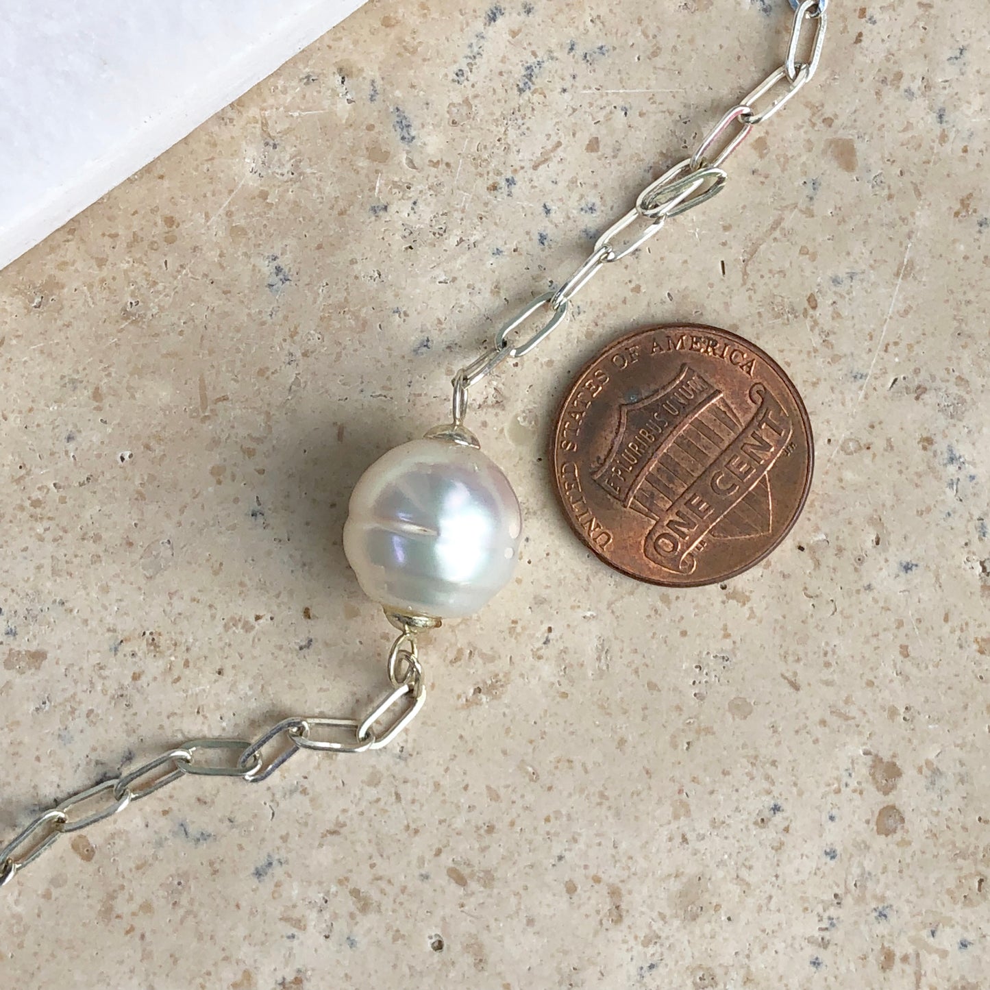 Sterling Silver Paspaley South Sea Pearl Station Chain Necklace 28" - Legacy Saint Jewelry
