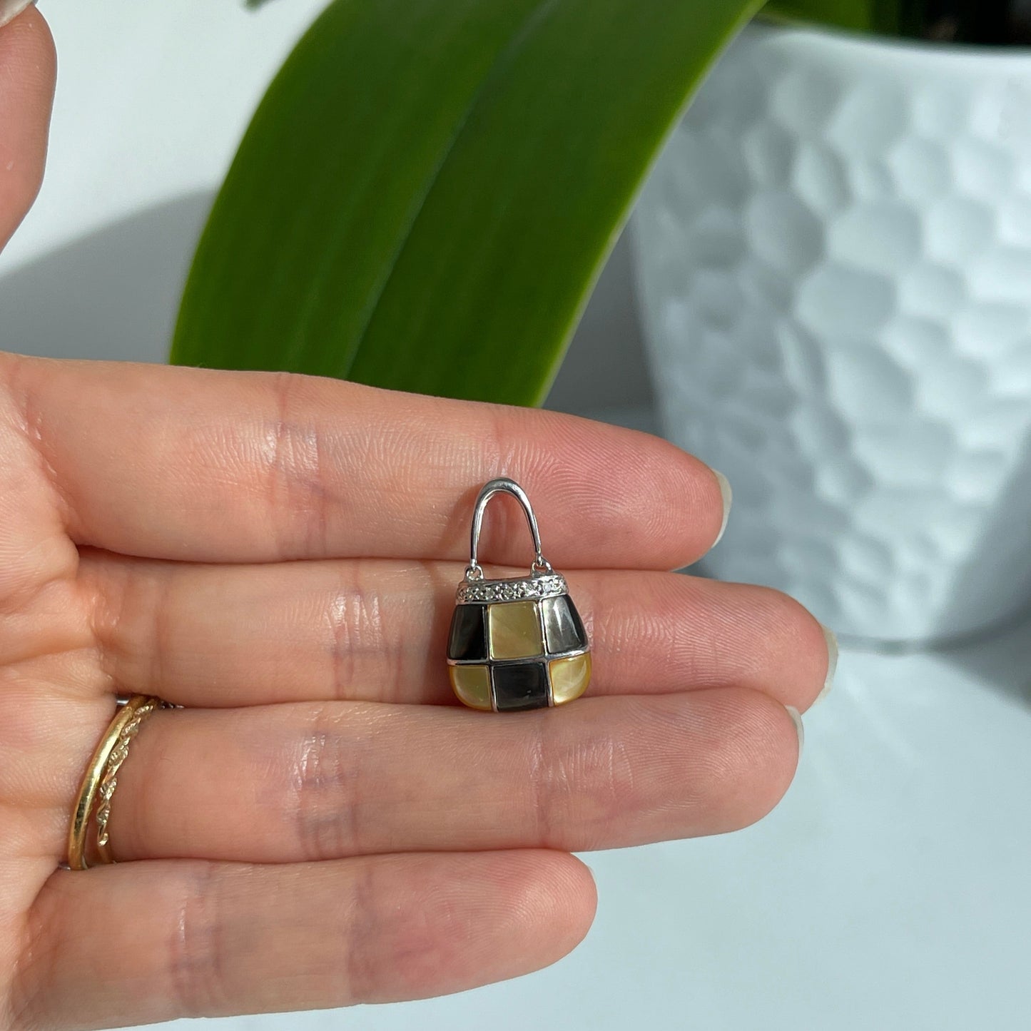 Estate 14KT White Gold Diamond, Mother of Pearl + Abalone Handbag Pendant Charm