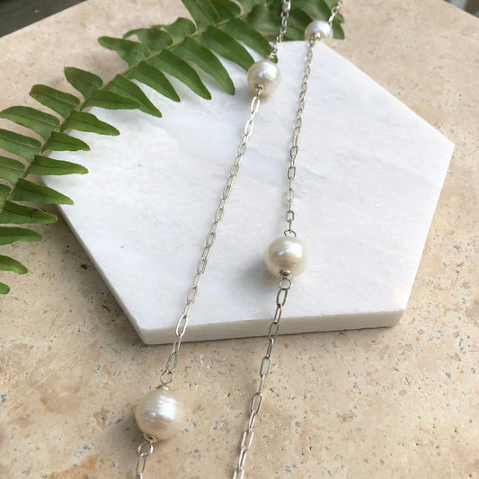 Sterling Silver Paspaley South Sea Pearl Station Chain Necklace 28" - Legacy Saint Jewelry