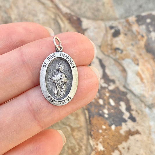 Sterling Silver Antiqued Saint Jude Oval Medal Pendant 25mm, Sterling Silver Antiqued Saint Jude Oval Medal Pendant 25mm - Legacy Saint Jewelry