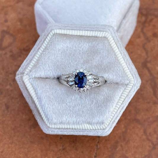 Estate Platinum Oval .85 CT Blue Sapphire + Diamond Halo Ballerina Ring