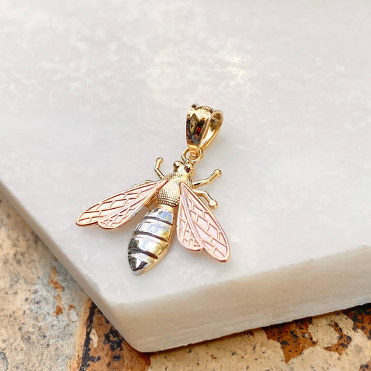 Tri-Color 14KT Yellow Gold, Rose Gold, + White Rhodium Bee Pendant Charm, Tri-Color 14KT Yellow Gold, Rose Gold, + White Rhodium Bee Pendant Charm - Legacy Saint Jewelry