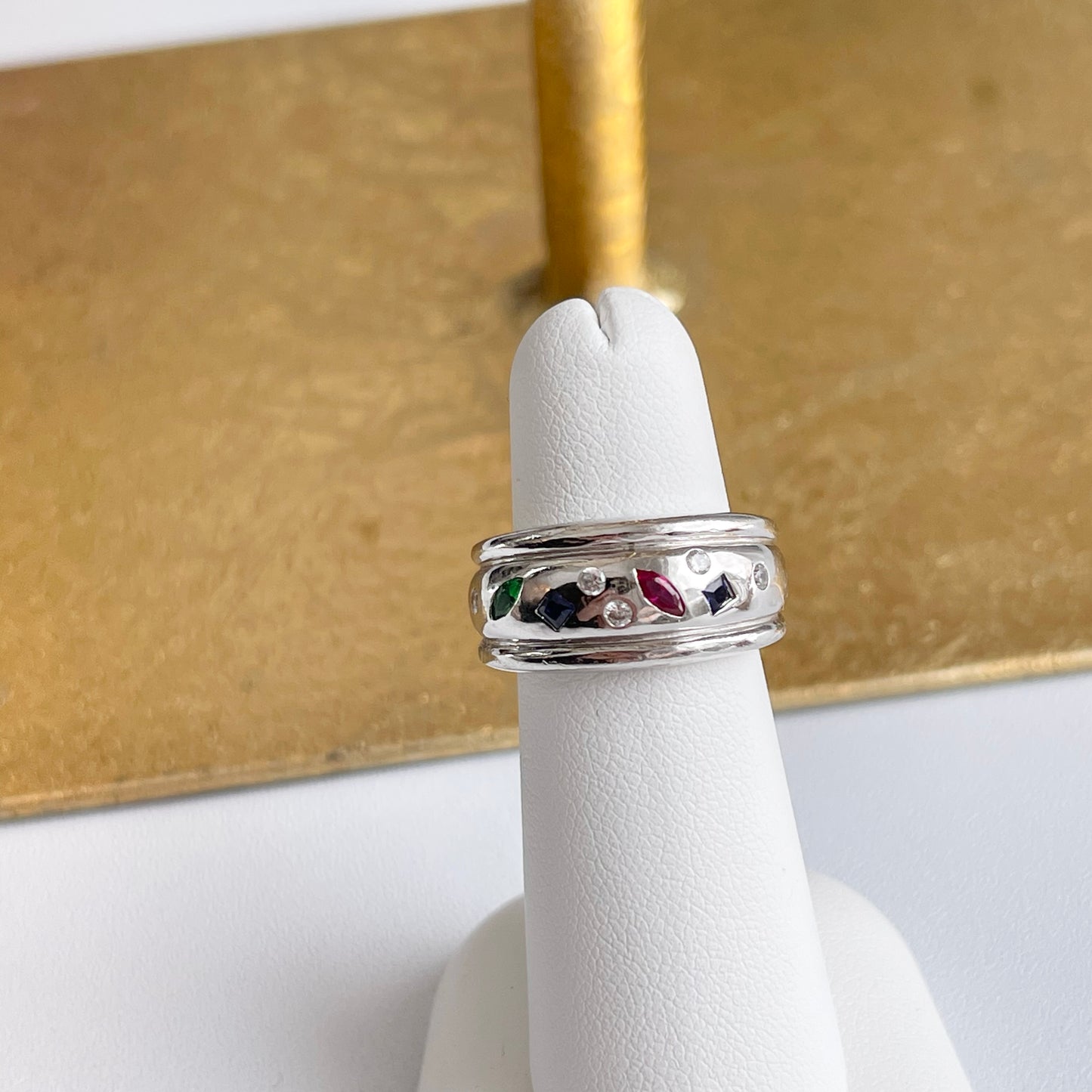 Estate Sterling Silver Multi-Colored CZ Gypsy-Set Band Ring