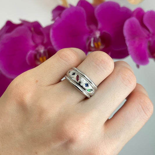 Estate Sterling Silver Multi-Colored CZ Gypsy-Set Band Ring