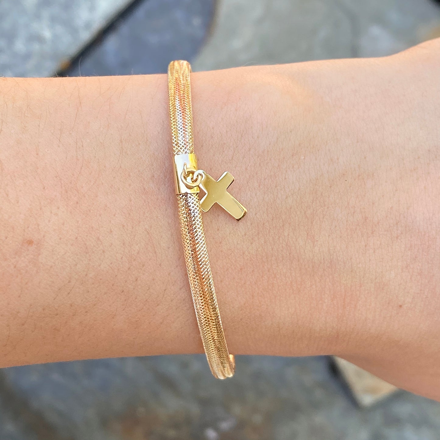 14KT Yellow Gold Mesh Stretch with Cross Charm Bangle Bracelet, 14KT Yellow Gold Mesh Stretch with Cross Charm Bangle Bracelet - Legacy Saint Jewelry