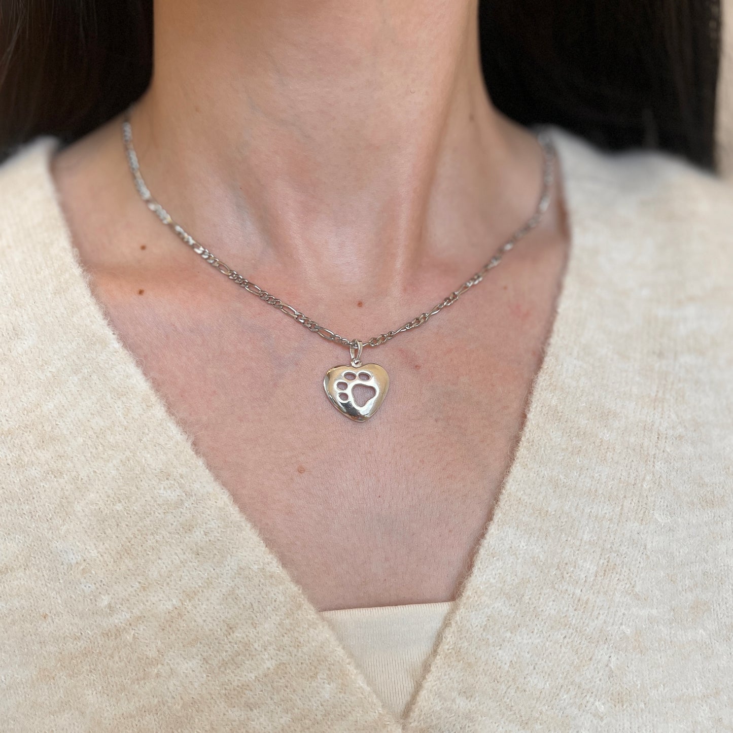 Sterling Silver Paw Print Heart Pendant Charm