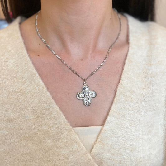 Sterling Silver Polished Four Way Catholic Cross Medal Pendant 30mm