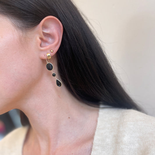 14KT Yellow Gold Black Onyx Geometric Dangle Wire Earrings