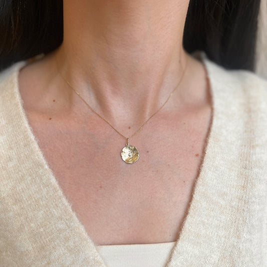 14KT Yellow Gold Textured Round Disc .03 CT Diamond Pendant