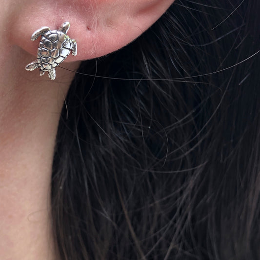 Sterling Silver Oxidized Sea Turtle Stud Earrings, Sterling Silver Oxidized Sea Turtle Stud Earrings - Legacy Saint Jewelry