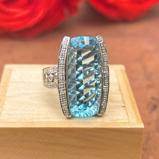 Estate 10KT White Gold Large Fantasy-Cut Blue Topaz + Pave Diamond Ring