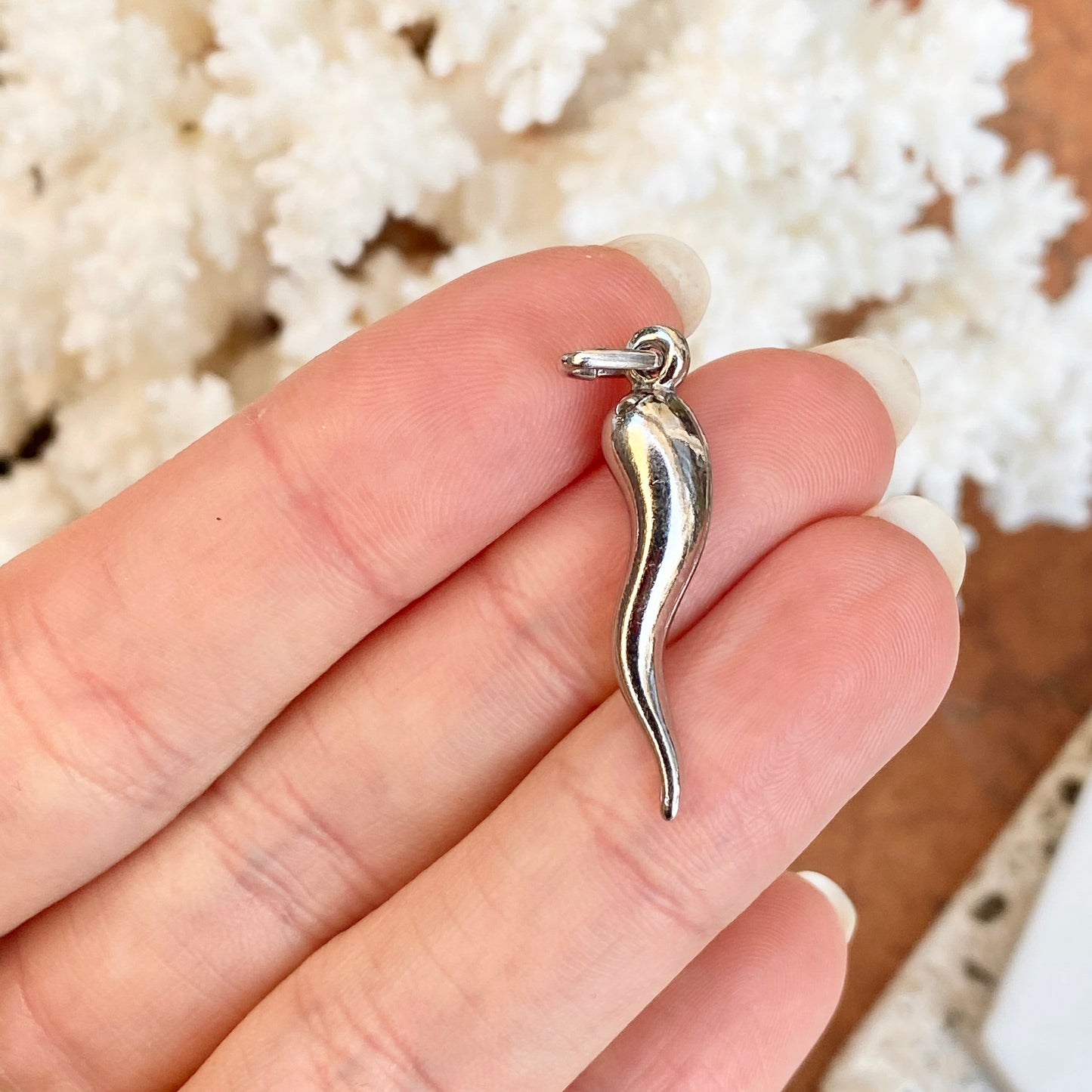 Sterling Silver Medium "Cornicello" Italian Horn Pendant 33mm