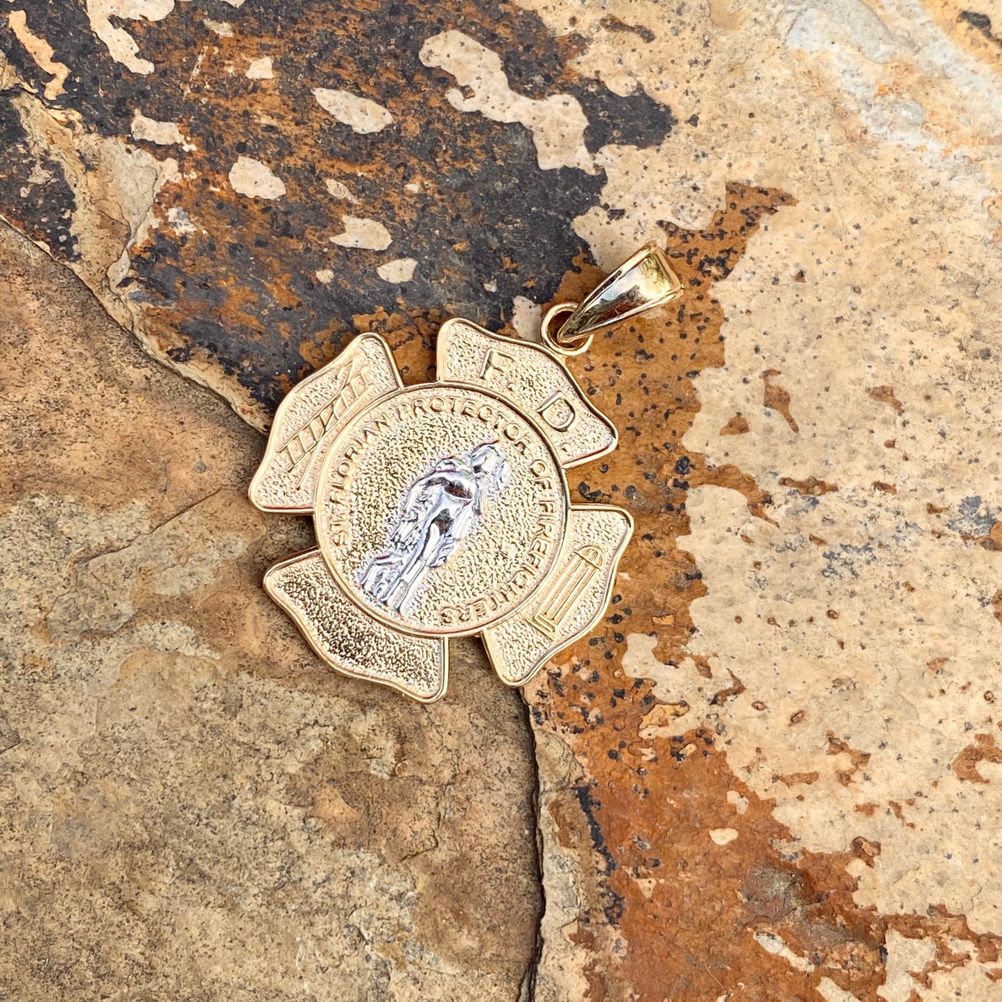 Two-Tone 14KT Yellow Gold + White Gold Saint Florian Pendant 22mm, Two-Tone 14KT Yellow Gold + White Gold Saint Florian Pendant 22mm - Legacy Saint Jewelry