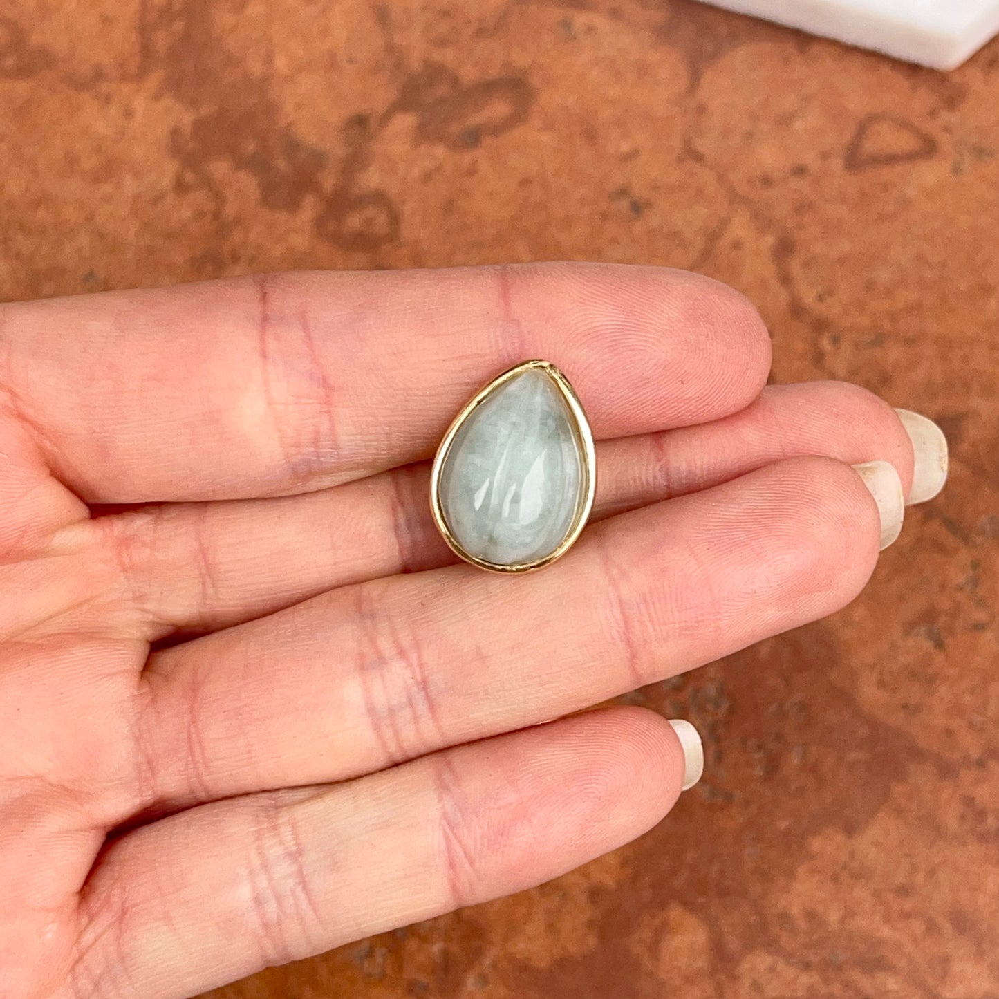 Estate 14KT Yellow Gold Teardrop Pale Celadon Jade Omega Back Earrings