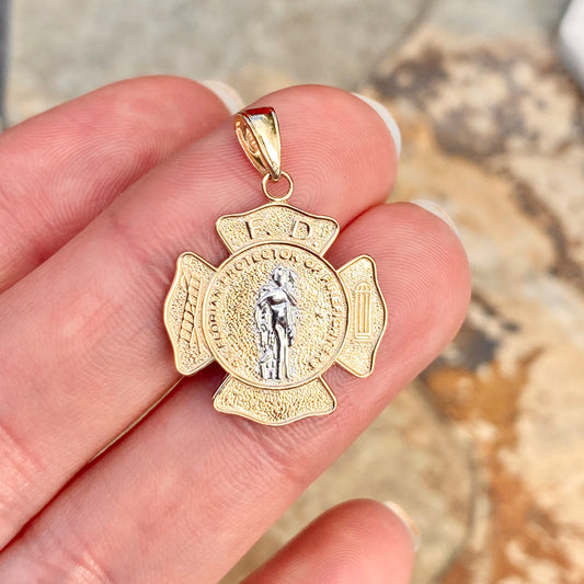 Two-Tone 14KT Yellow Gold + White Gold Saint Florian Pendant 22mm, Two-Tone 14KT Yellow Gold + White Gold Saint Florian Pendant 22mm - Legacy Saint Jewelry