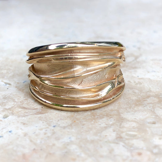 14KT Yellow Gold Wide Artistic Shiny Grooved Cigar Band Ring - Legacy Saint Jewelry