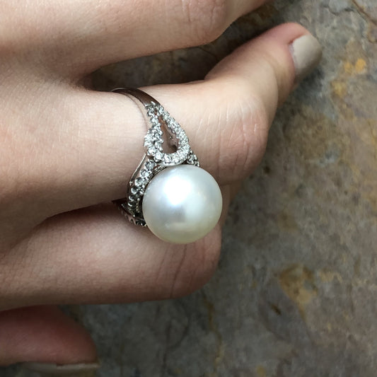 14KT White Gold Pave Diamond + Genuine Paspaley South Sea Pearl Ring - Legacy Saint Jewelry