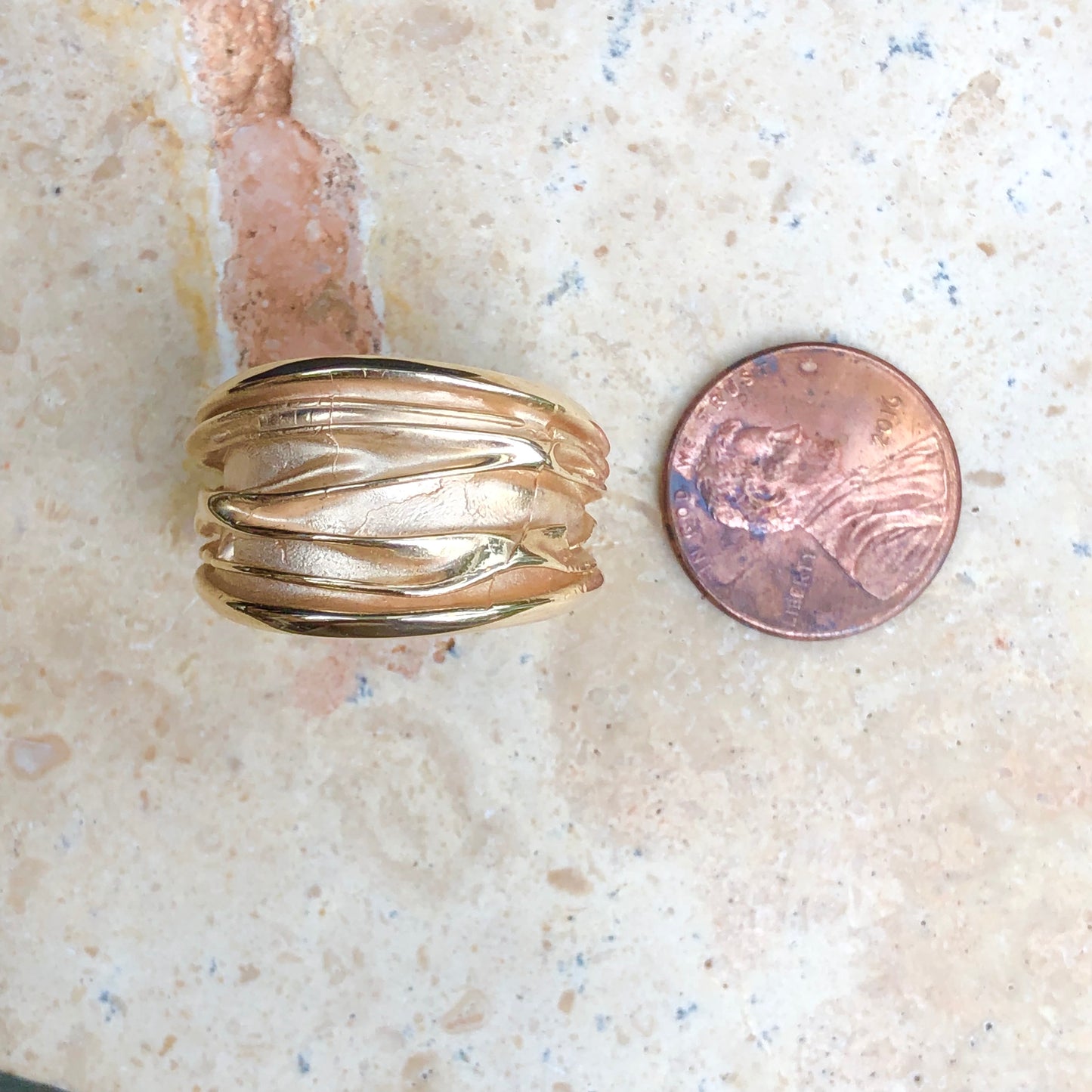 14KT Yellow Gold Wide Artistic Shiny Grooved Cigar Band Ring - Legacy Saint Jewelry