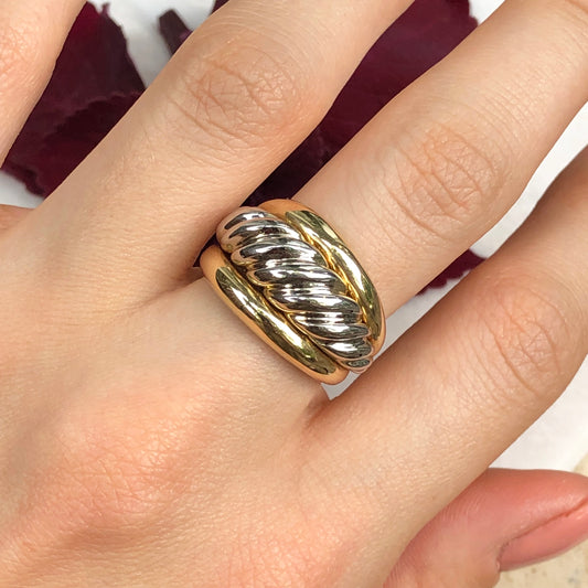 14KT Yellow Gold + White Gold Ribbed Cigar Band Ring Size 7.5, 14KT Yellow Gold + White Gold Ribbed Cigar Band Ring Size 7.5 - Legacy Saint Jewelry