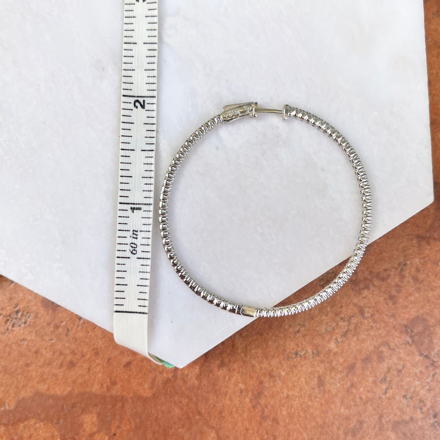 14KT White Gold Inside/ Outside 1.25 CT Prong Set Diamond Hoop Earrings 43mm