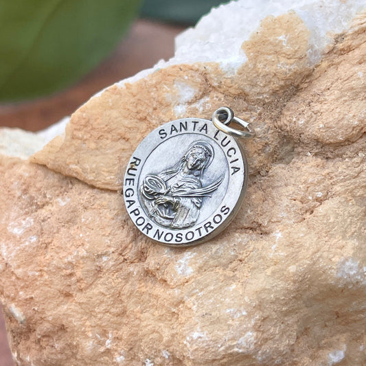 Sterling Silver Antiqued Saint Lucia Round Medal Pendant 19mm