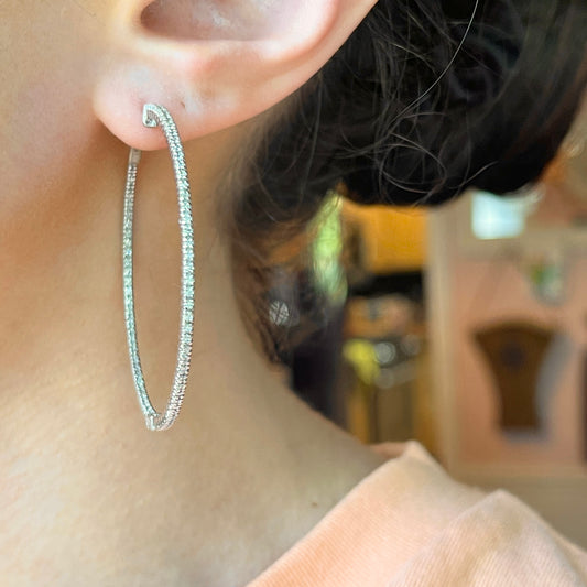 14KT White Gold Inside/ Outside 1.25 CT Prong Set Diamond Hoop Earrings 43mm