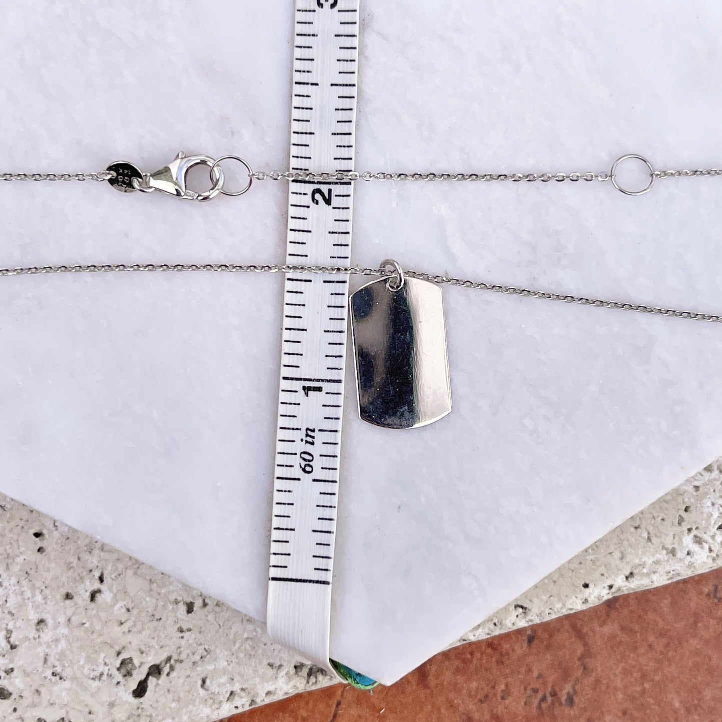 14KT White Gold 17mm Dog Tag Pendant Chain Necklace