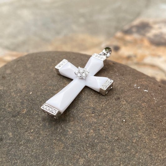 14KT White Gold White Agate Shell + Pave Diamond Cross Pendant, 14KT White Gold White Agate Shell + Pave Diamond Cross Pendant - Legacy Saint Jewelry