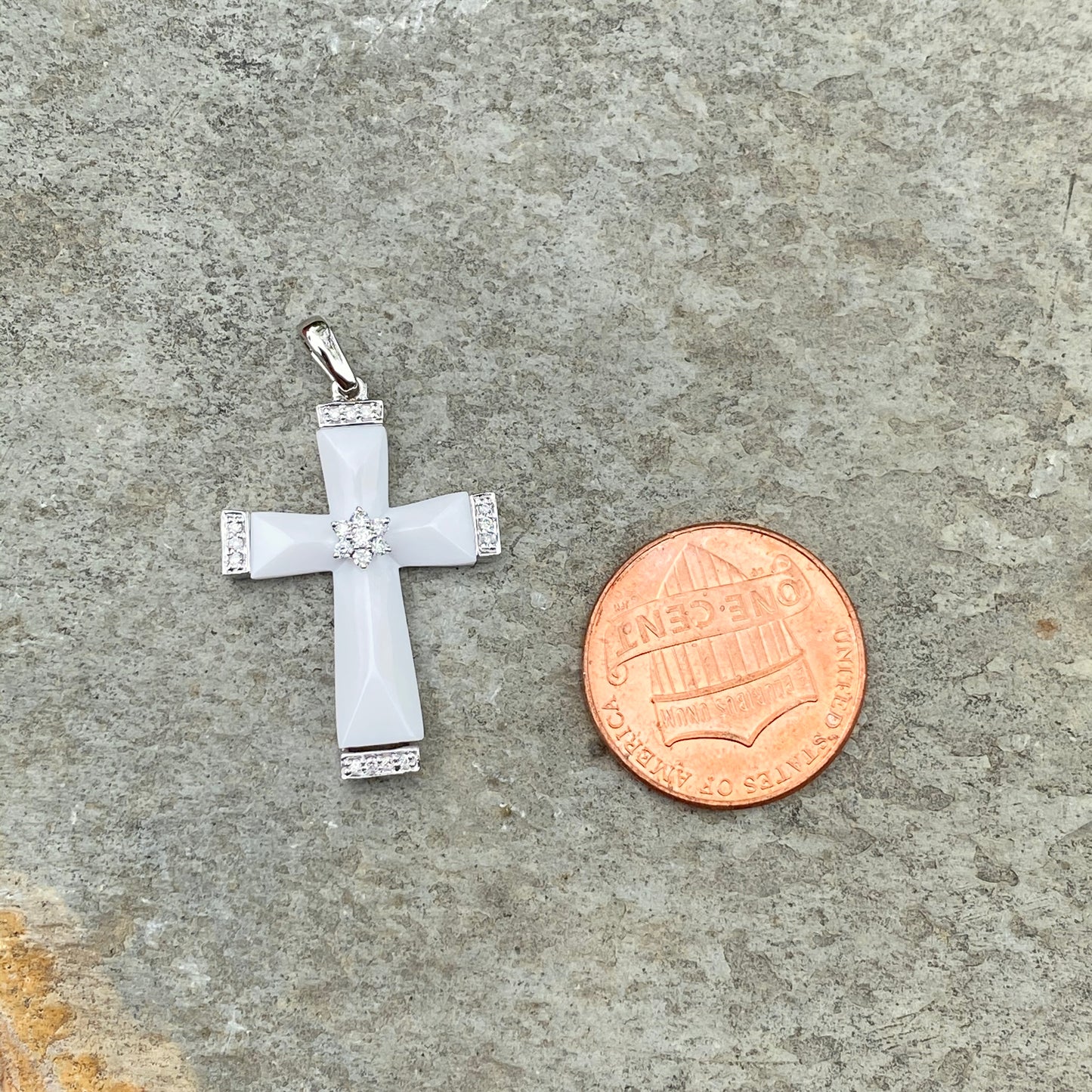 14KT White Gold White Agate Shell + Pave Diamond Cross Pendant, 14KT White Gold White Agate Shell + Pave Diamond Cross Pendant - Legacy Saint Jewelry