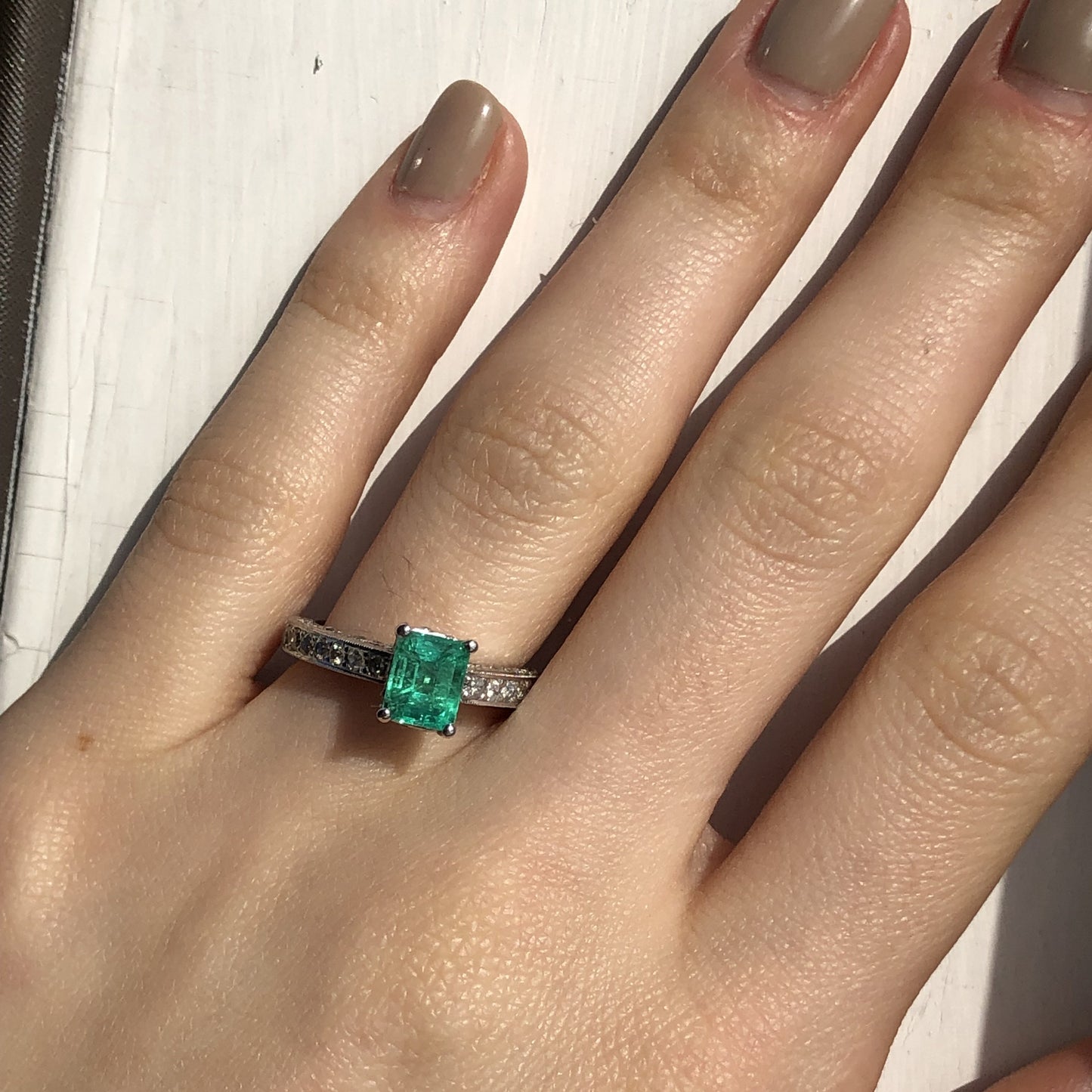 Estate 14KT White Gold Emerald + Pave Diamond Ring Size 7 - Legacy Saint Jewelry