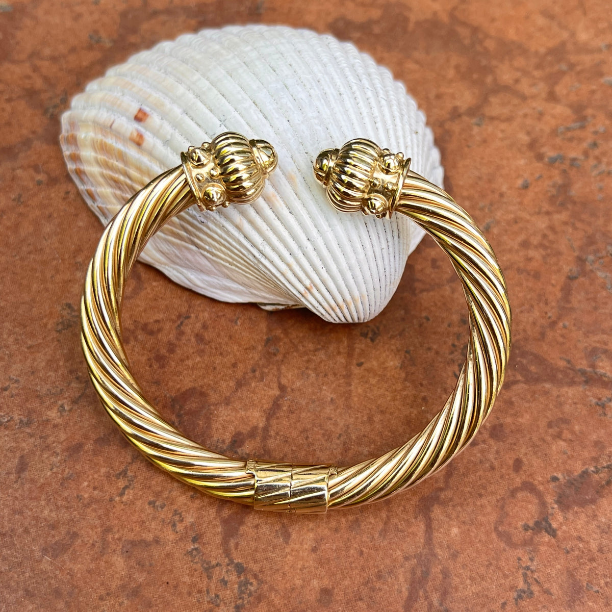 Estate 14KT Yellow Gold Rope Cable Twist Ball End Cuff Bangle