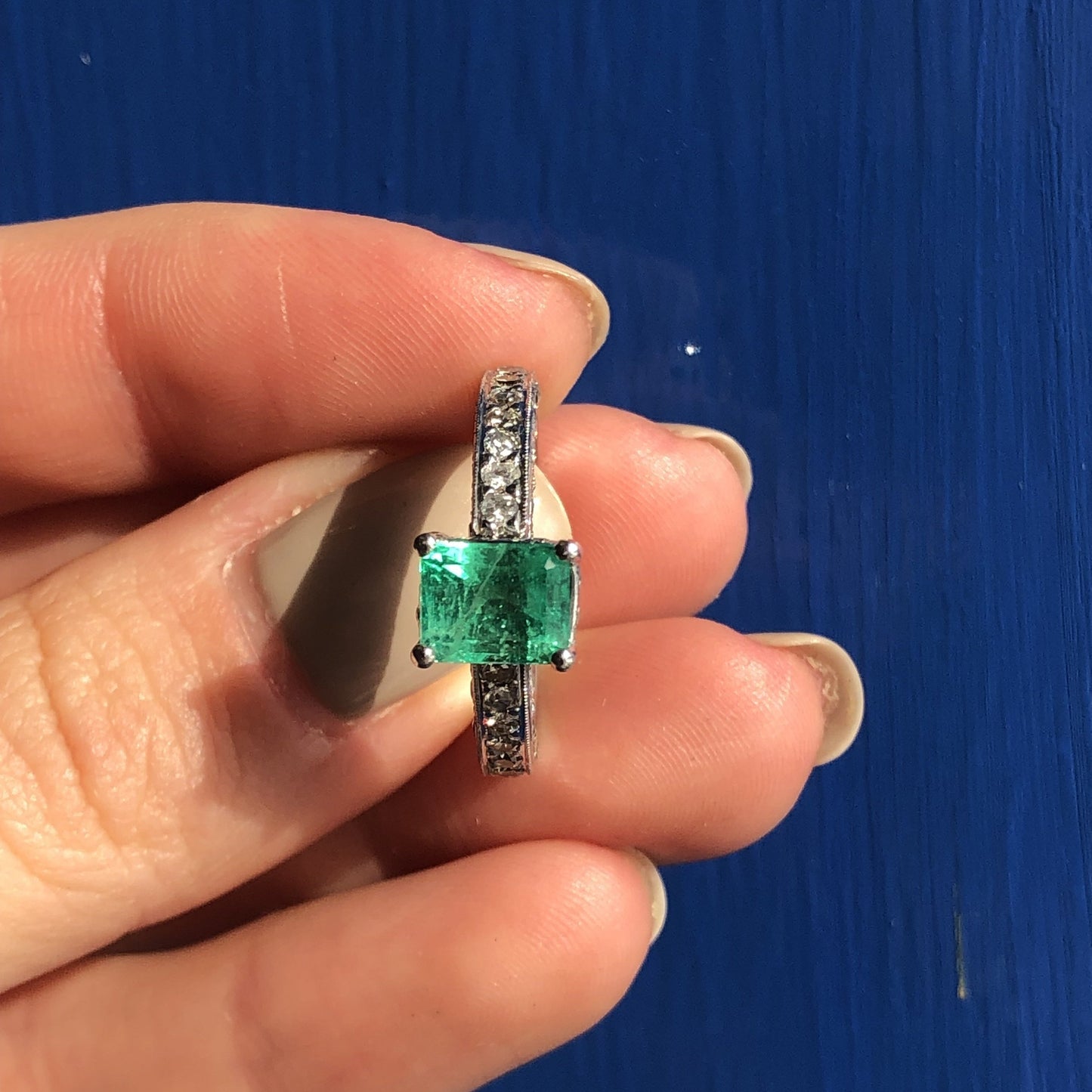 Estate 14KT White Gold Emerald + Pave Diamond Ring Size 7 - Legacy Saint Jewelry