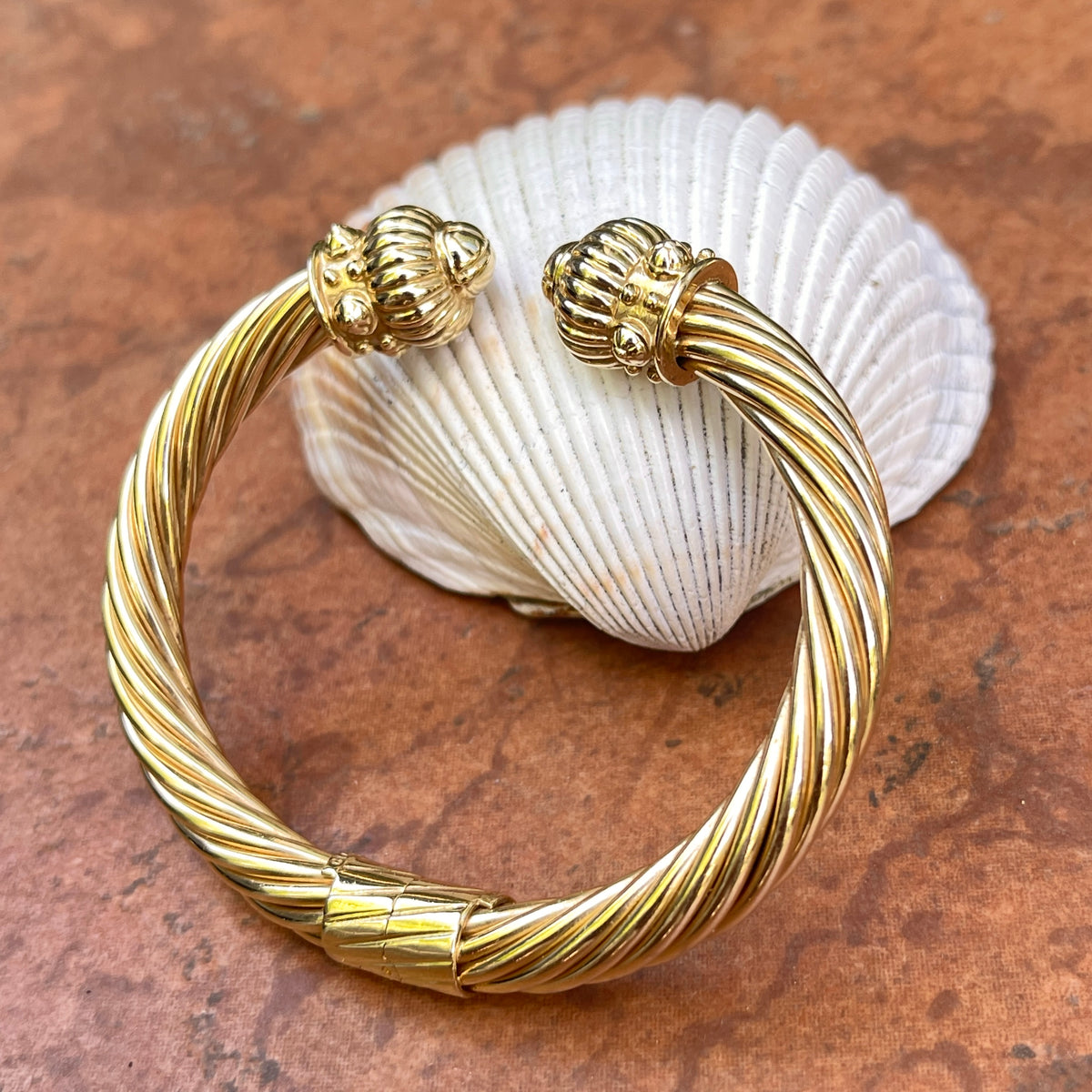 Estate 14KT Yellow Gold Rope Cable Twist Ball End Cuff Bangle