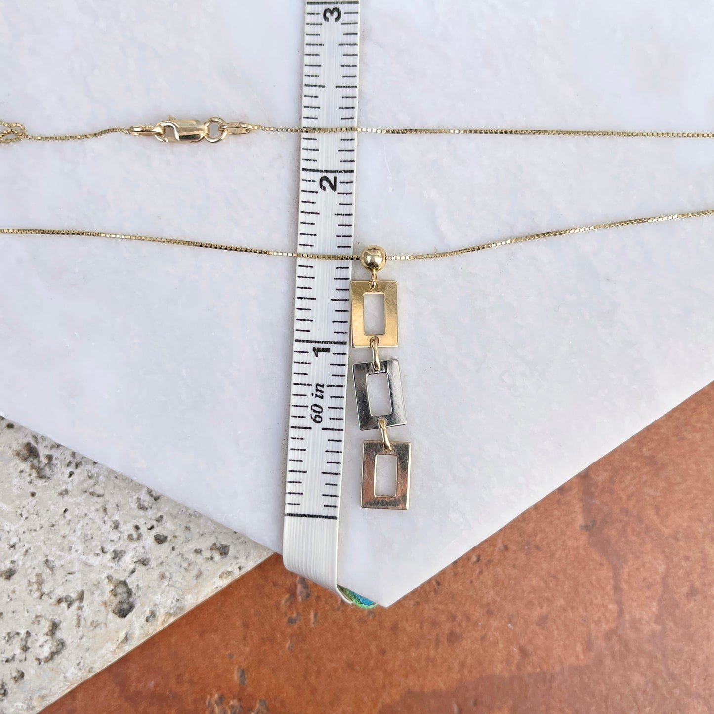 14KT Yellow Gold + White Gold Geometric Squares Pendant Chain Necklace