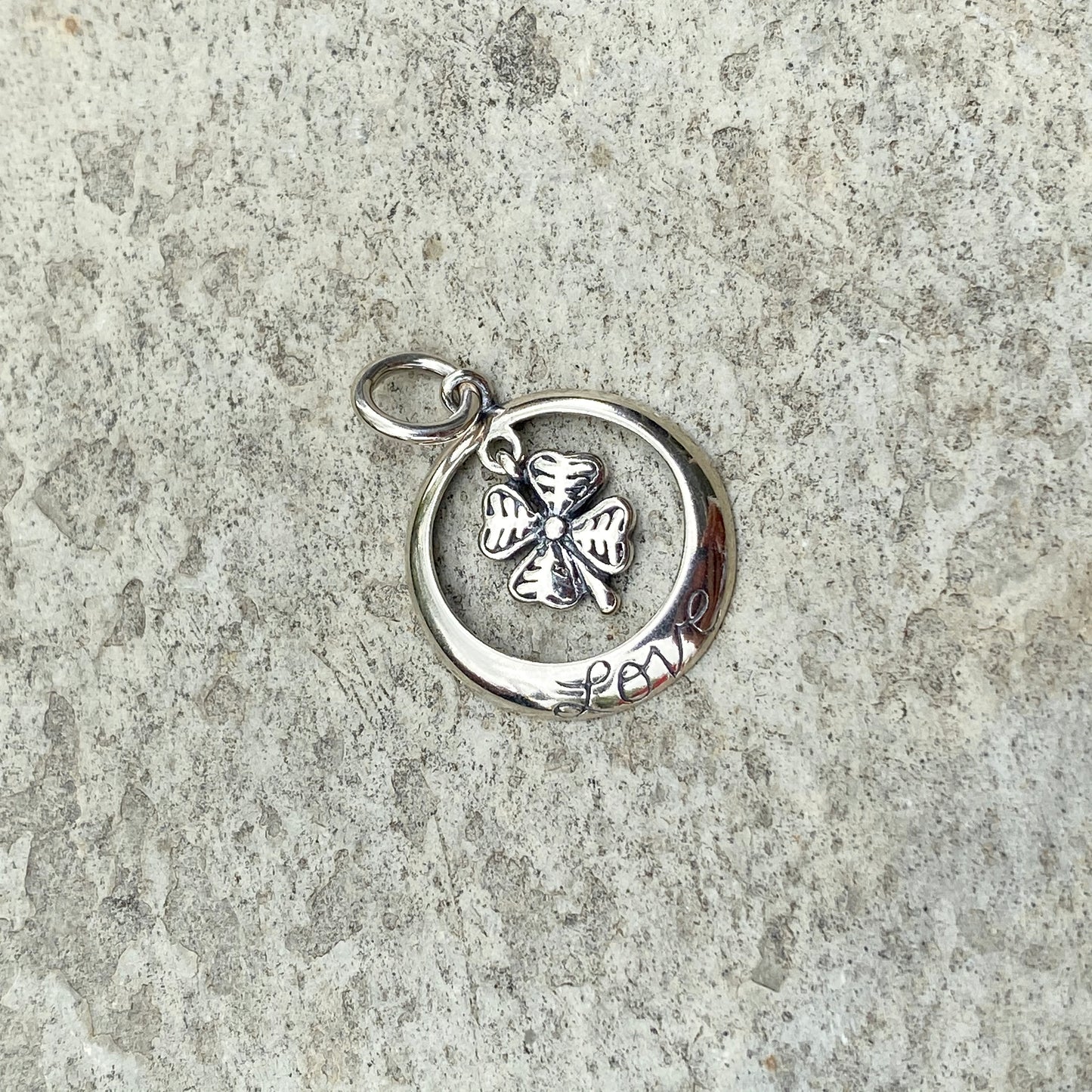 Sterling Silver Antiqued Lucky Shamrock Love Circle Pendant Charm, Sterling Silver Antiqued Lucky Shamrock Love Circle Pendant Charm - Legacy Saint Jewelry