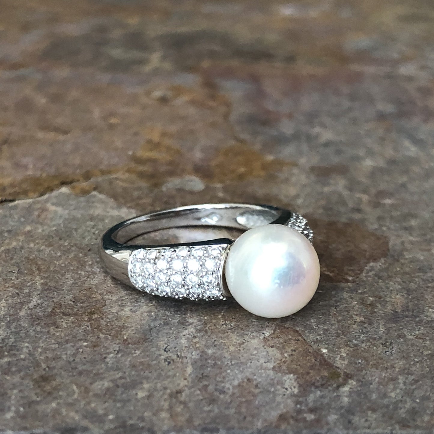 Estate 14KT White Gold Pave Diamond + Genuine Pearl Ring - Legacy Saint Jewelry