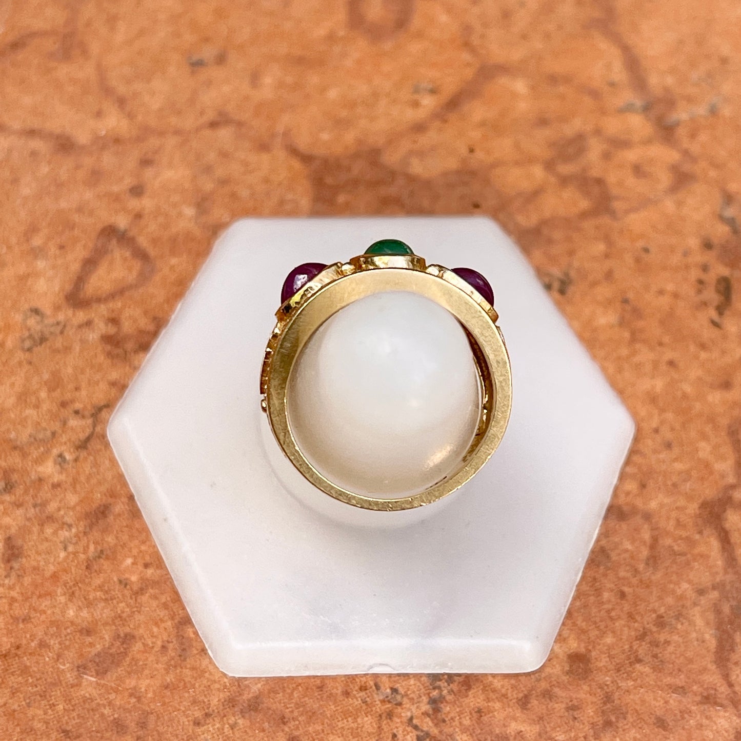 Estate 14KT Yellow Gold Etruscan Ruby + Emerald Cigar Band Ring