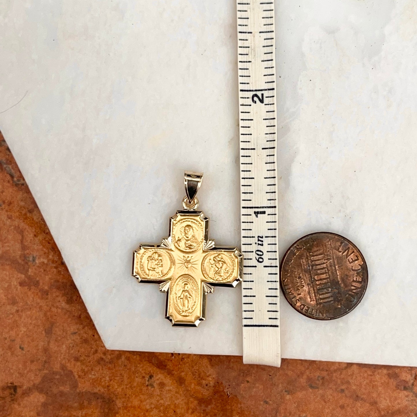 14KT Yellow Gold Satin Four Way Cross Medal Pendant 28mm - LSJ