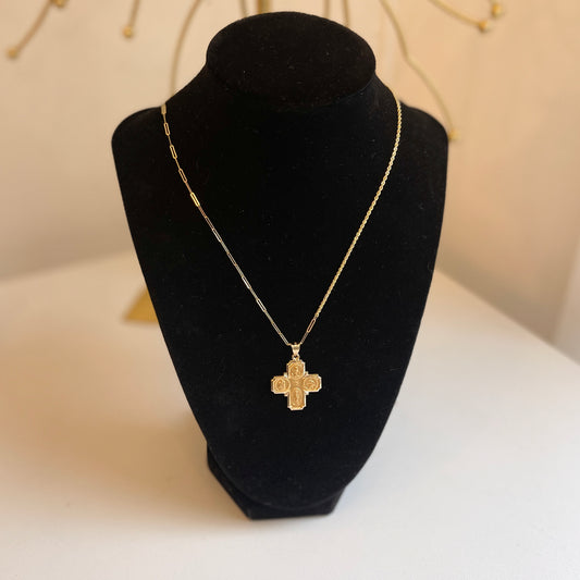 14KT Yellow Gold Satin Four Way Cross Medal Pendant 28mm