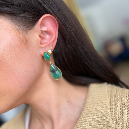 18KT Yellow Gold Cabochon Teardrop Bezel-Set Colombian Emerald Earrings - LSJ
