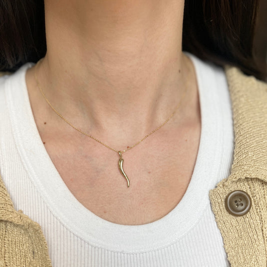 14KT Yellow Gold Solid Italian Horn Corno Pendant 30mm