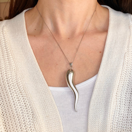 Sterling Silver Polished Corno Italian Horn Extra Large Pendant 84mm