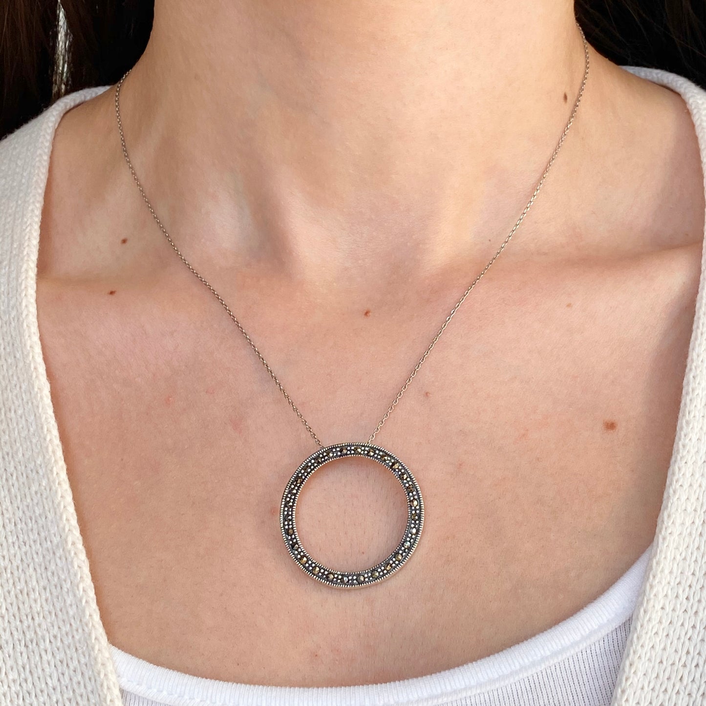 Sterling Silver Antiqued Black Marcasite Open Circle Pendant Slide