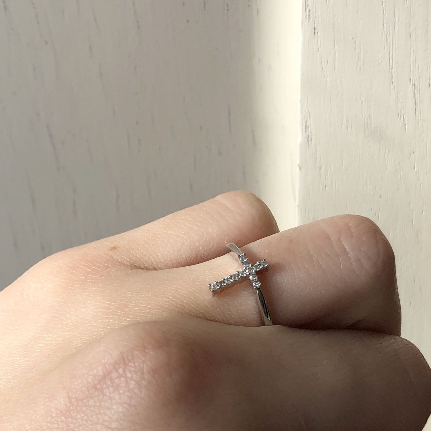 14KT White Gold + Pave Diamond Cross Ring - Legacy Saint Jewelry