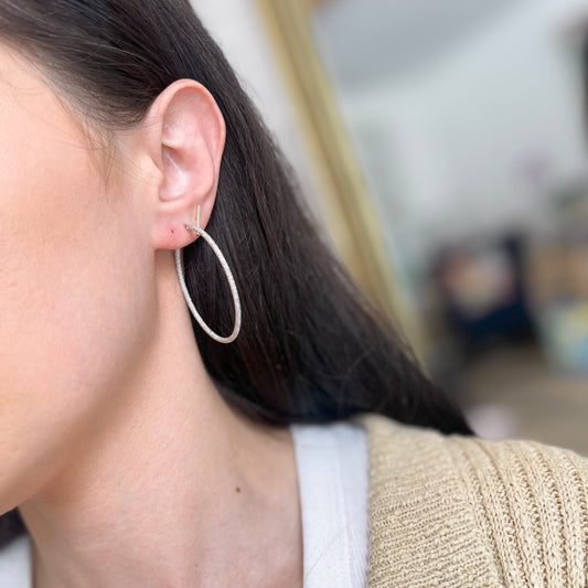 14KT White Gold Textured Tube Oval Hoop Earrings 46mm