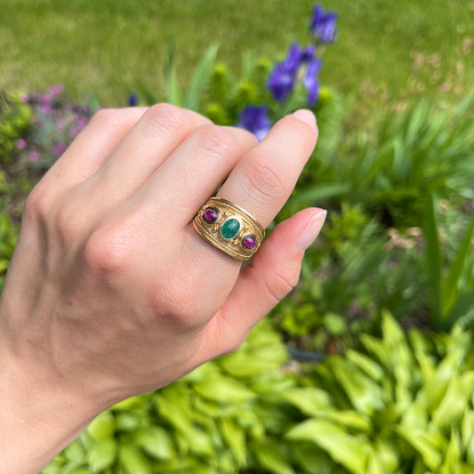 Estate 14KT Yellow Gold Etruscan Ruby + Emerald Cigar Band Ring