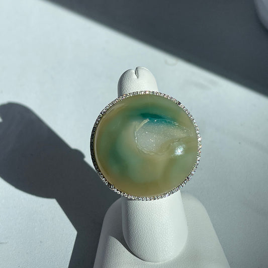 18KT White Gold Round Green Agate Geode Druzy Diamond Halo Ring