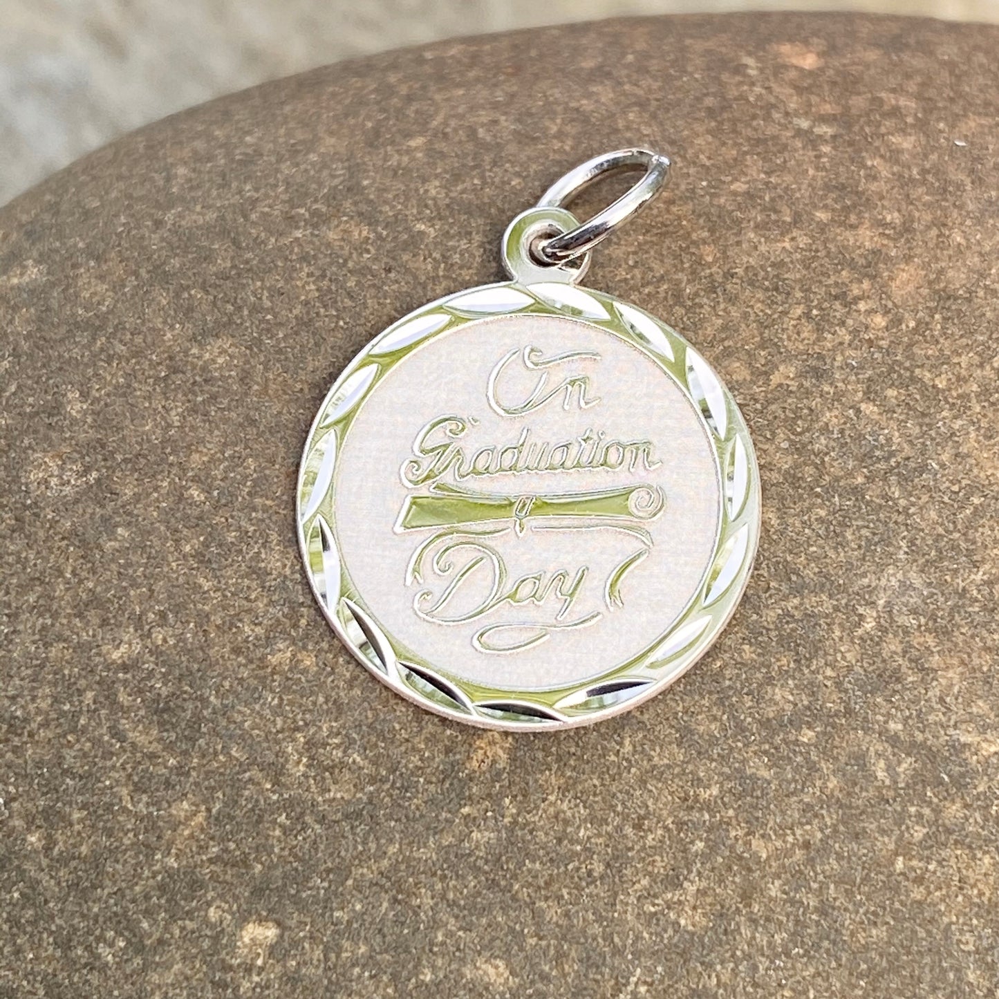 Sterling Silver Diamond-Cut "On Graduation Day" Round Disc Pendant Charm, Sterling Silver Diamond-Cut "On Graduation Day" Round Disc Pendant Charm - Legacy Saint Jewelry